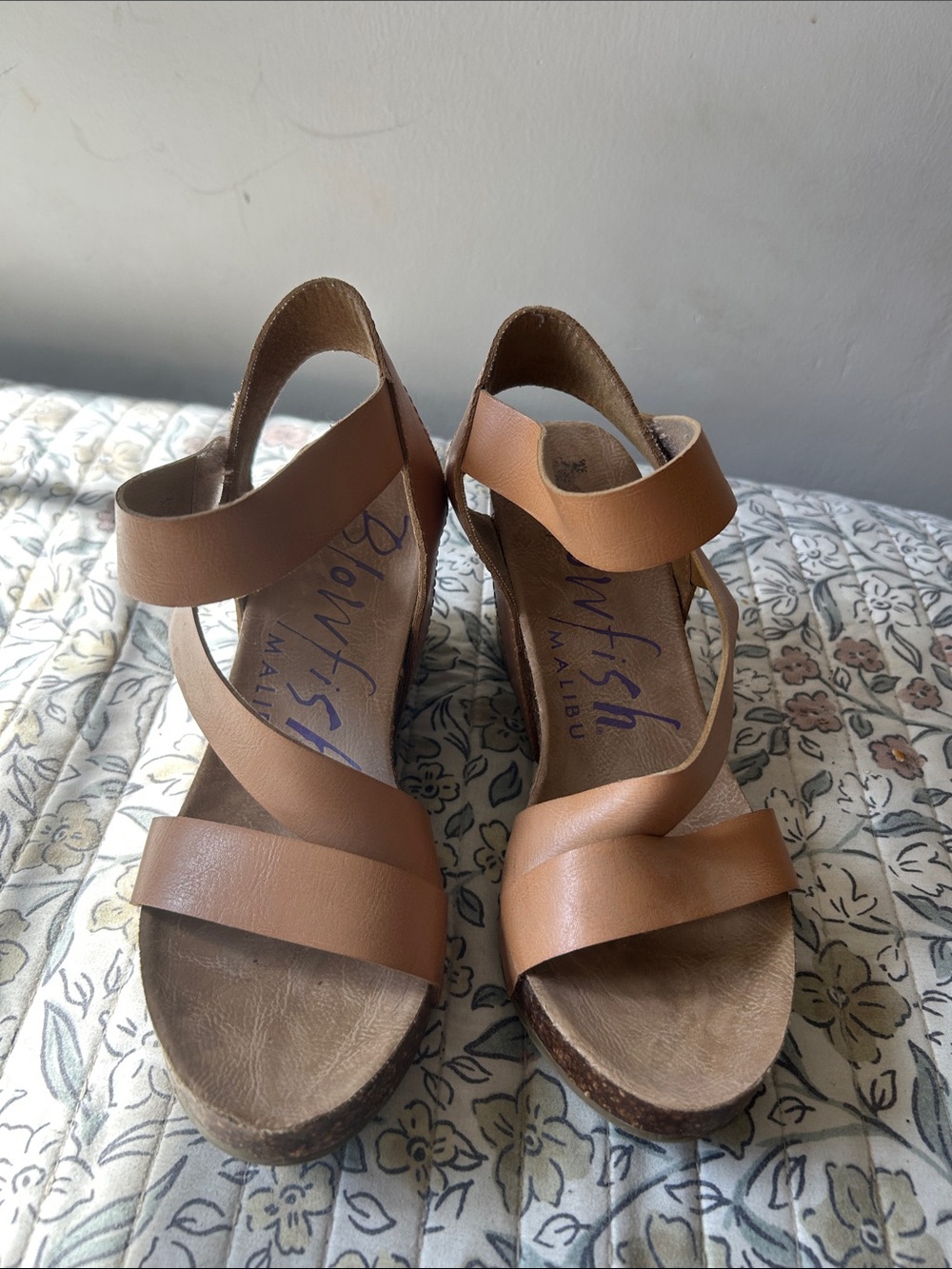 Blowfish Cognac Tan Cross-Strap Wedge Sandals